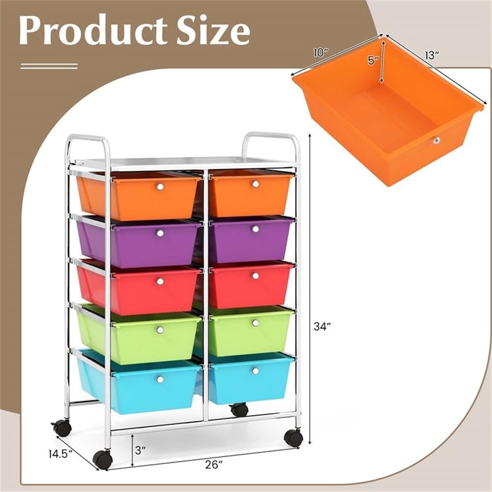 10 Drawer Plastic Storage Cart with Lockable Wheels T988444