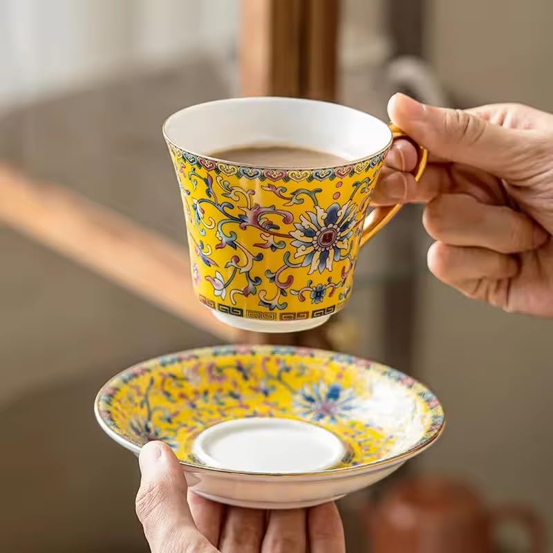 Vintage Floral Tea Cup and Saucer Set, Yellow with Gold Handle, 4-Piece Set U342