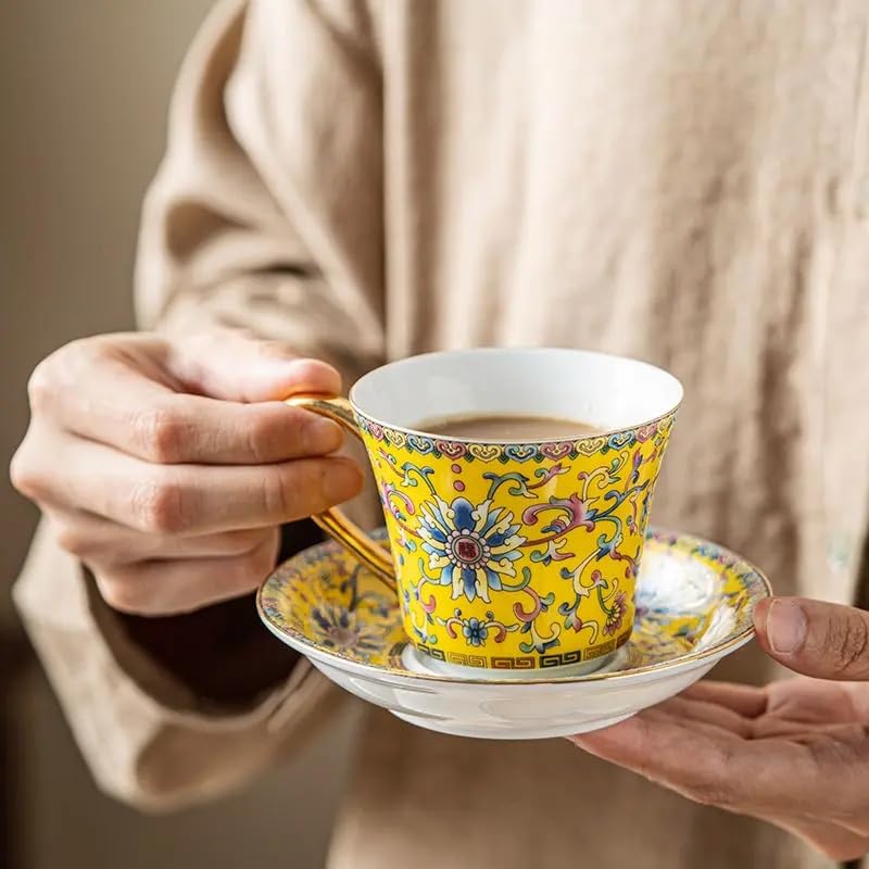 Vintage Floral Tea Cup and Saucer Set, Yellow with Gold Handle, 4-Piece Set U342