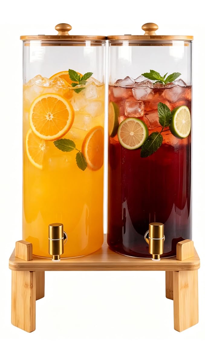 2 Gallon Glass Beverage Dispenser with Spigot and Bamboo Stand E78017