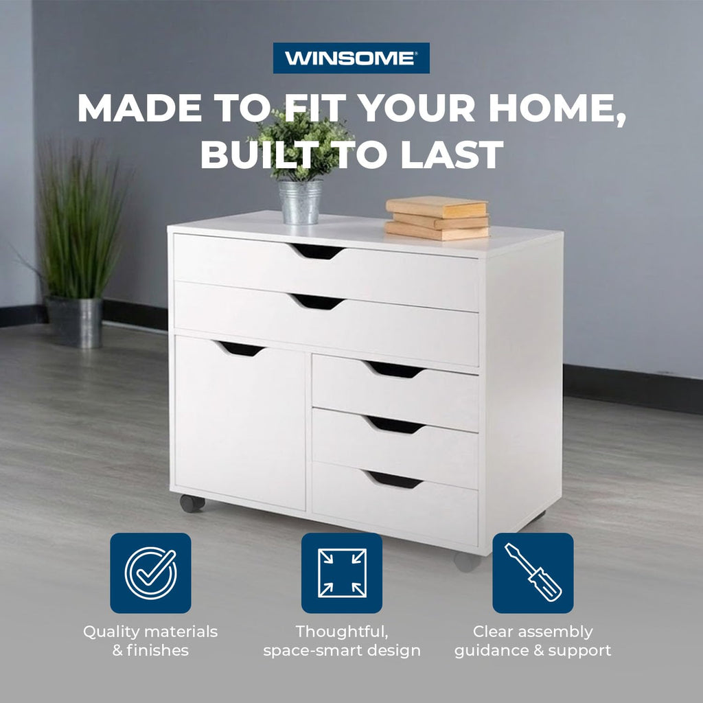 White Mobile Storage Cabinet with 1 Door & 5 Drawers M1600