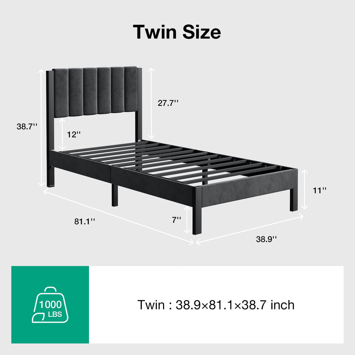 Twin Size Metal Platform Bed Frame with Velvet Headboard and Footboard I3188