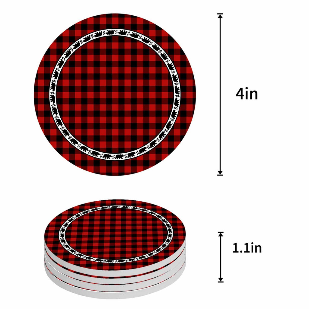 Red Black Buffalo Plaid Set of 6 Absorbent Stone Ceramic Coasters with Holder M8368