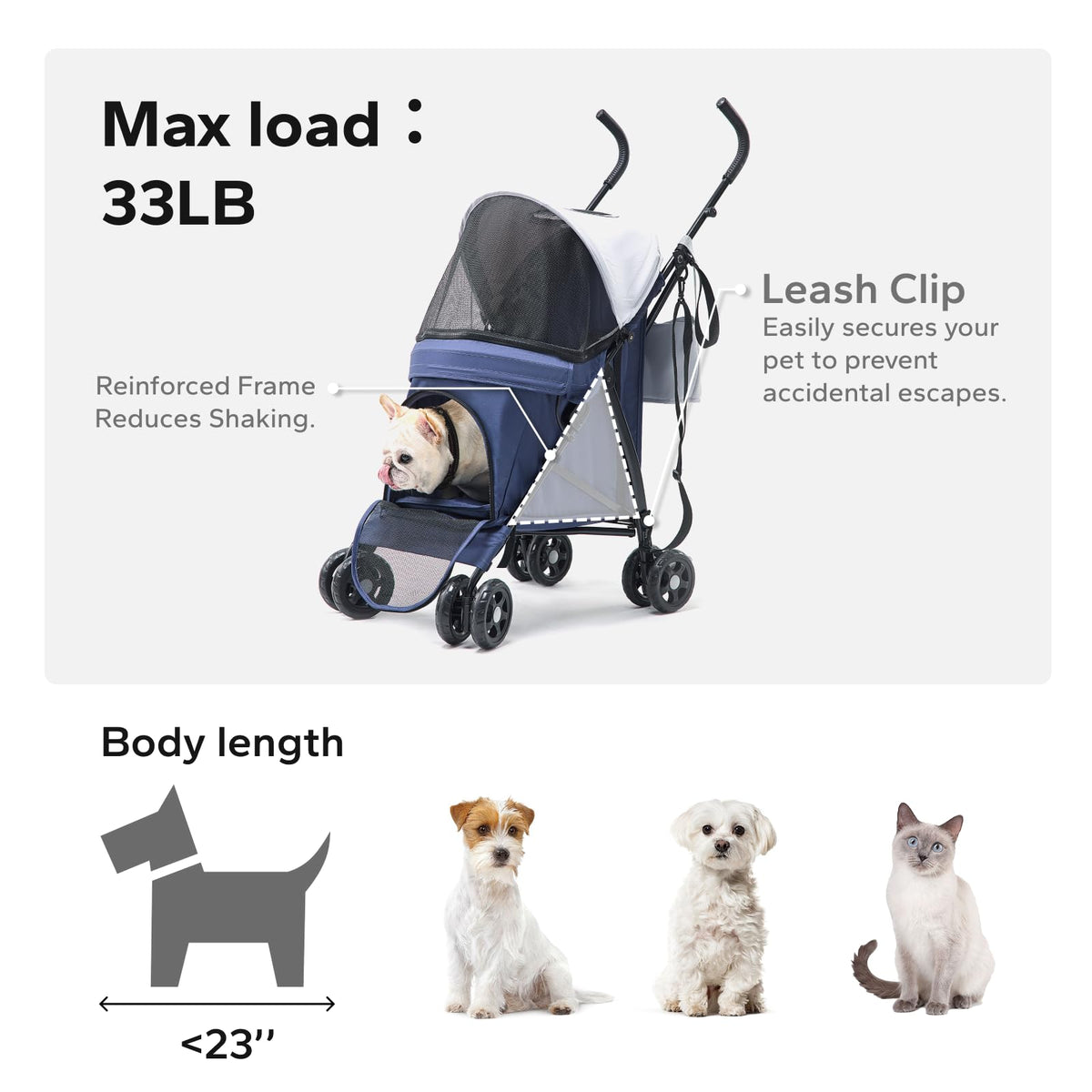 Foldable Pet Stroller for Small Dogs & Cats, 10 lbs, Blue Gray D3717