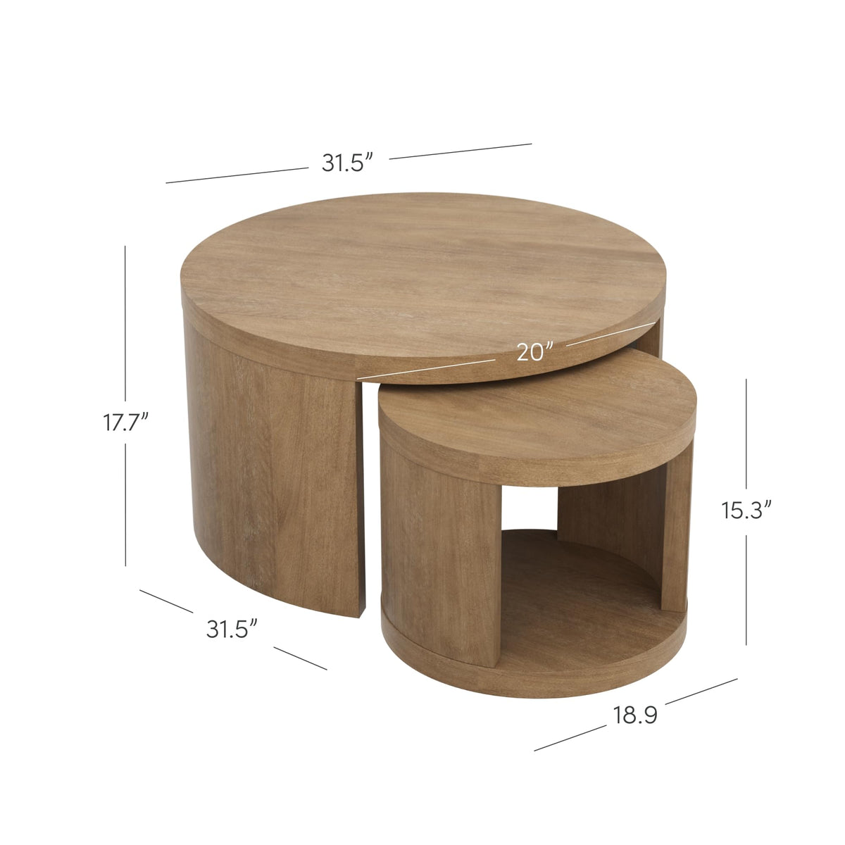 Light Brown 2-Piece Round Wood Nesting Coffee Table with Storage J591332