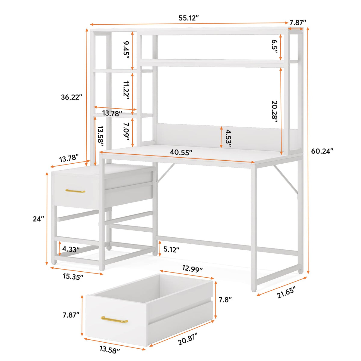 55 Inch Computer Desk with 2 Drawers and Storage Shelves J397478