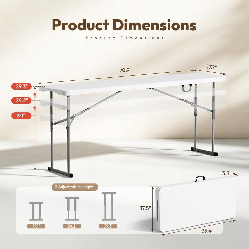 White 6 FT Narrow Folding Table with Carrying Handle V98408
