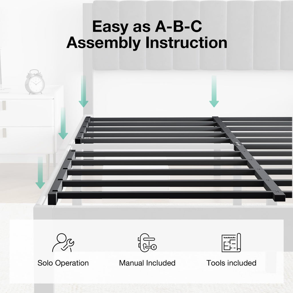 Twin Size Metal Platform Bed Frame with Velvet Headboard and Footboard I3188