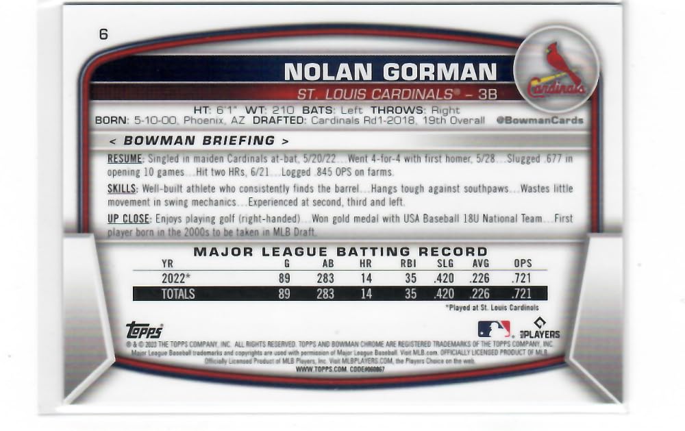 2023 Bowman Chrome Mega Box Mojo Refractor Blue #6 Nolan Gorman RC - Rookie Card /150 St. Louis Cardinals Baseball NM-MT U53108