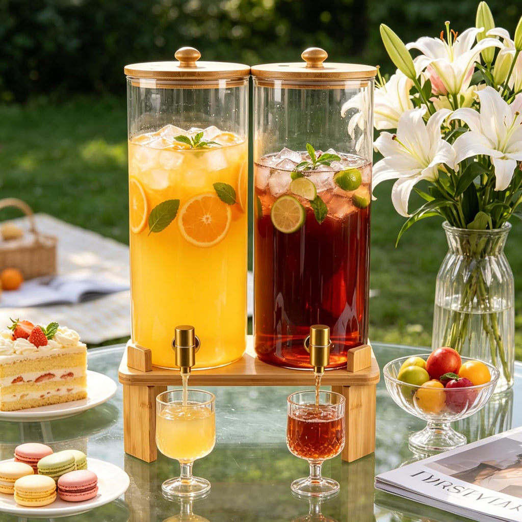 2 Gallon Glass Beverage Dispenser with Spigot and Bamboo Stand E78017