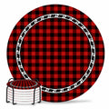Red Black Buffalo Plaid Set of 6 Absorbent Stone Ceramic Coasters with Holder M8368