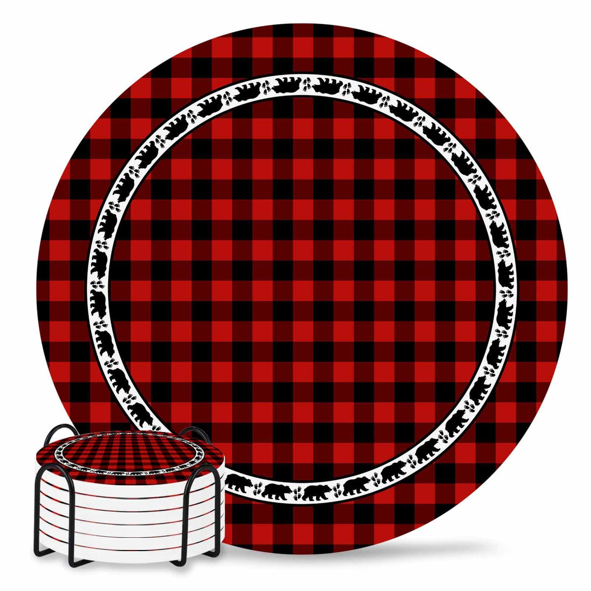 Red Black Buffalo Plaid Set of 6 Absorbent Stone Ceramic Coasters with Holder M8368