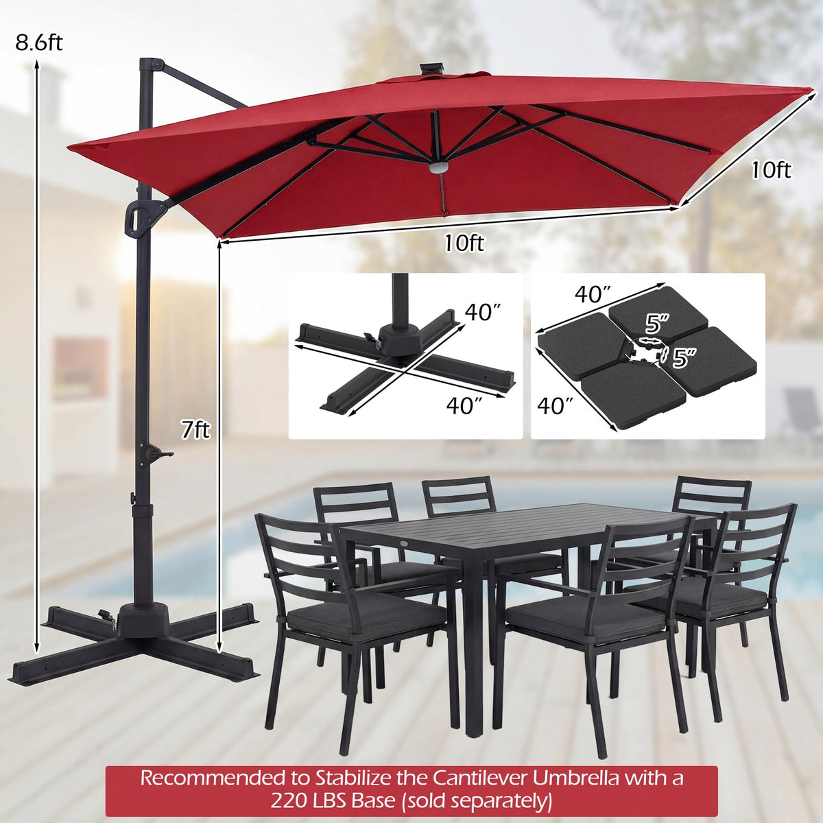 10ft Solar LED Patio Umbrella with Aluminum Pole E735