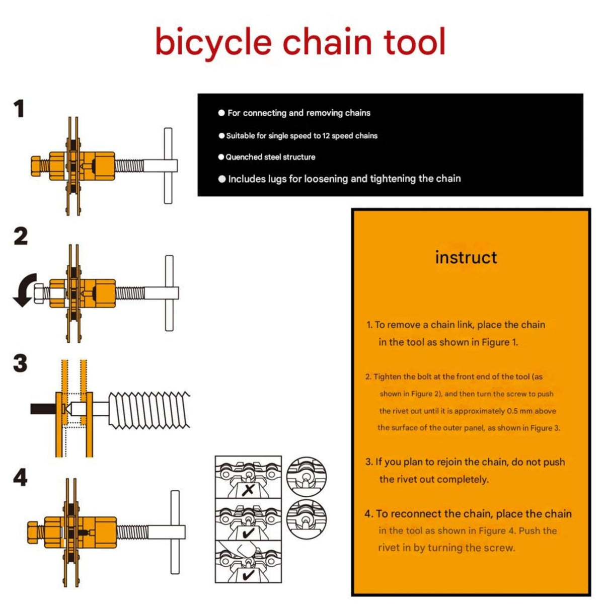 Bike Chain Tool, 1-13 Speed Chain Breaker with Spare Pins W9864