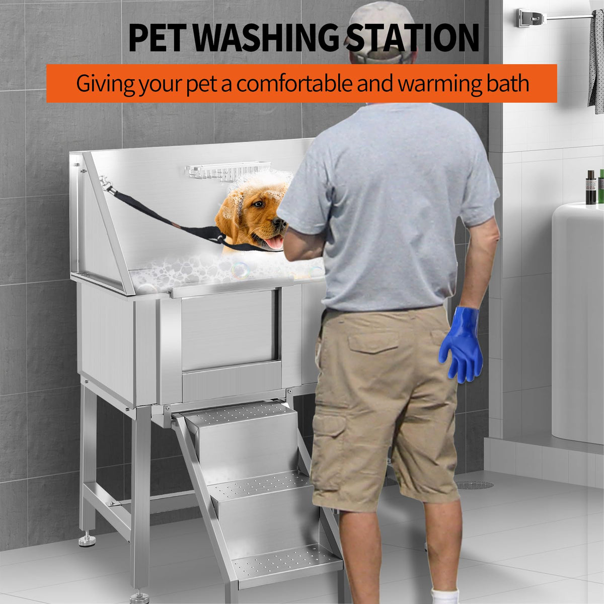 38" Stainless Steel Dog Grooming Tub with Sliding Door R29068