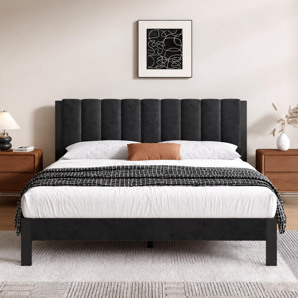 Twin Size Metal Platform Bed Frame with Velvet Headboard and Footboard I3188