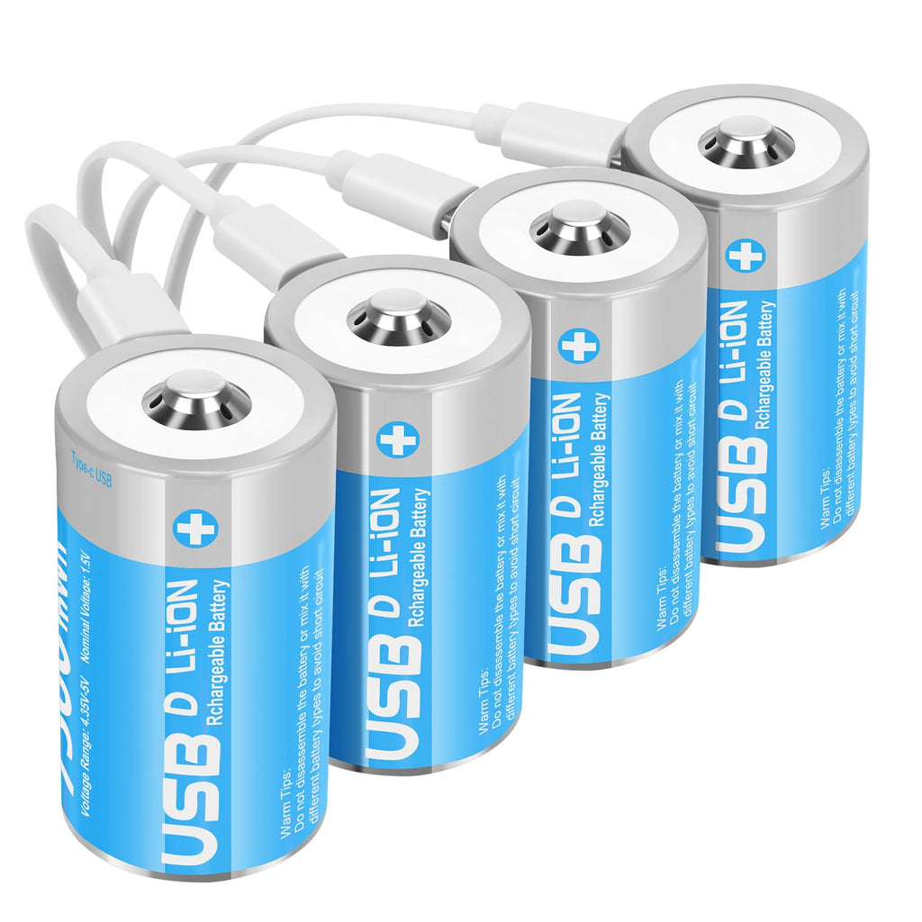 4 Pack 1.5V Rechargeable Lithium D Cell Batteries with USB-C Charge Cable H8370