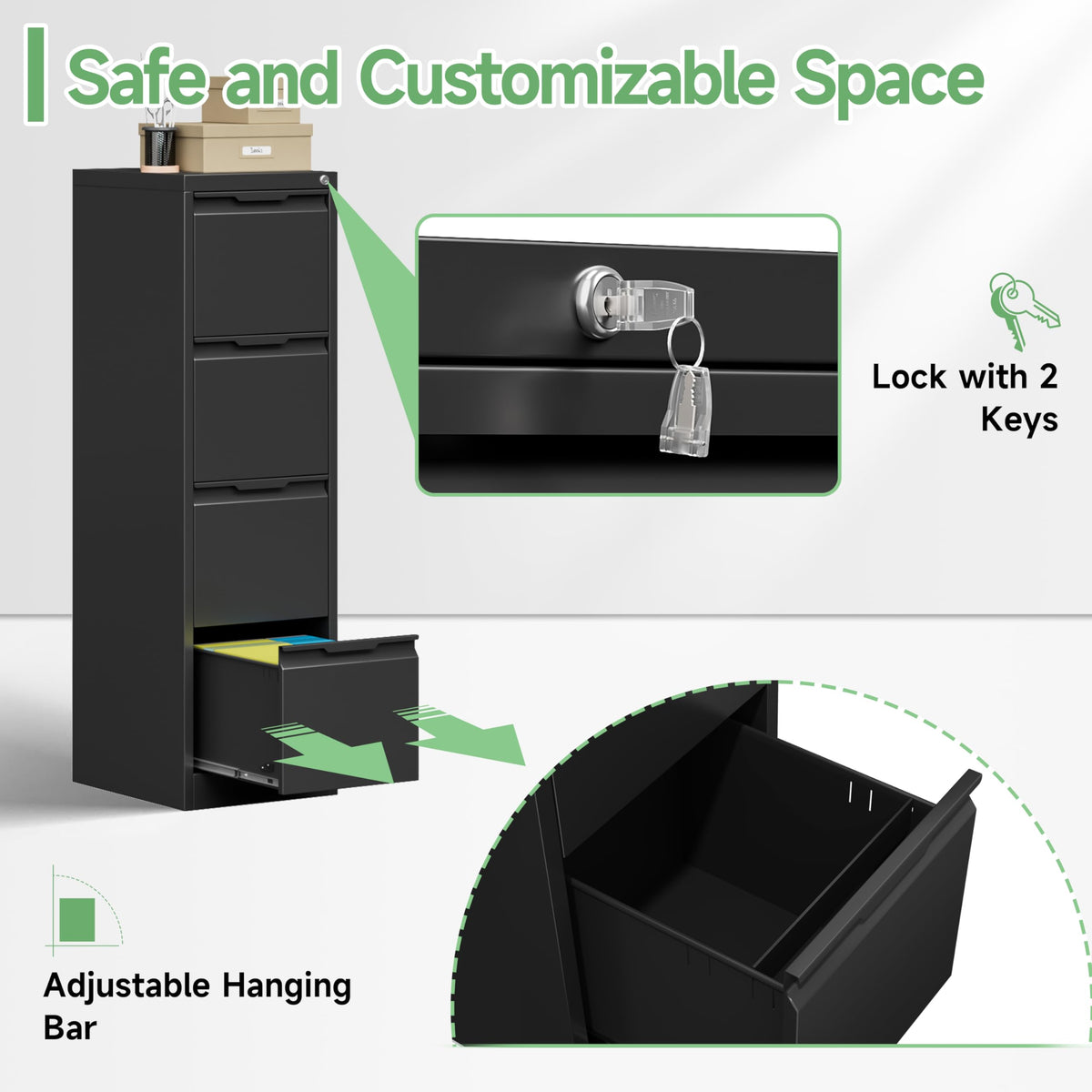 Black 4 Drawer Metal File Cabinet with Lock F5985