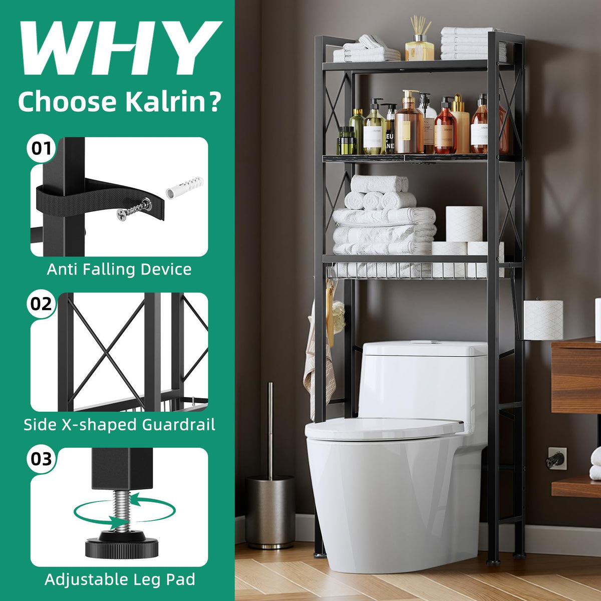 3-Tier Over The Toilet Storage Rack with Drain Basket U355617