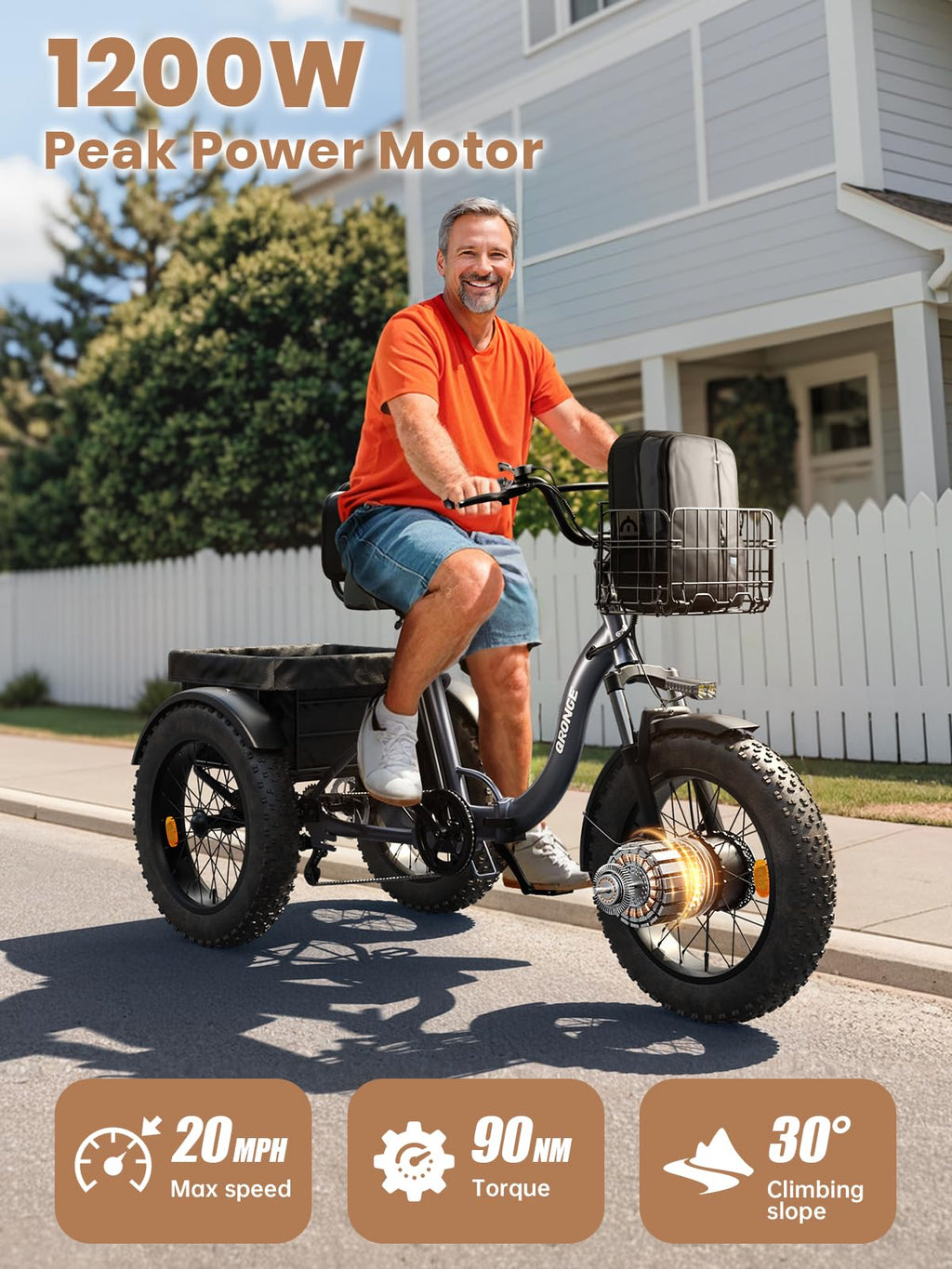 Electric Tricycle for Adults 1200W 36V 20AH Fat Tire Folding J859462