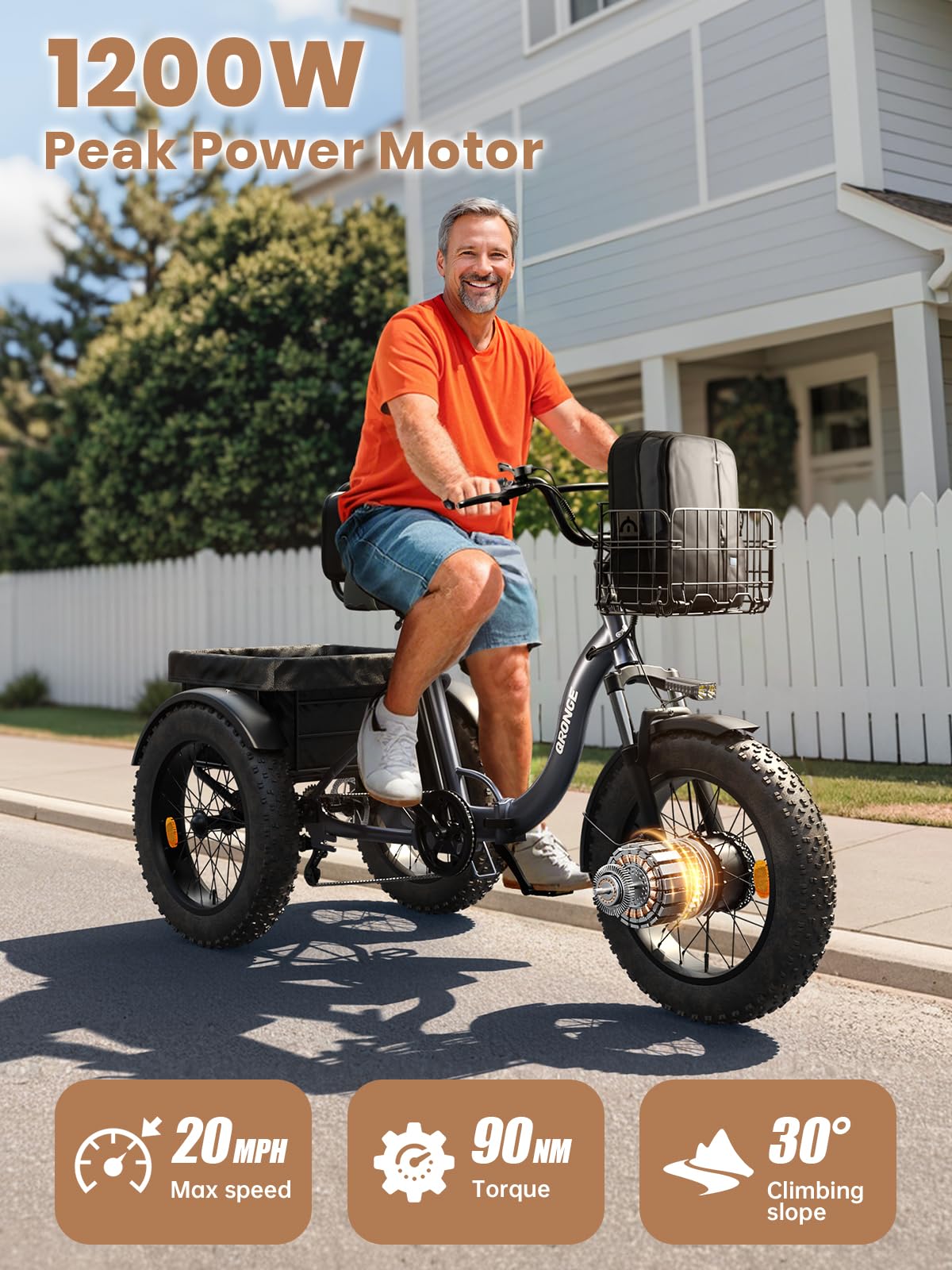 Electric Tricycle for Adults 1200W 36V 20AH Fat Tire Folding J859462