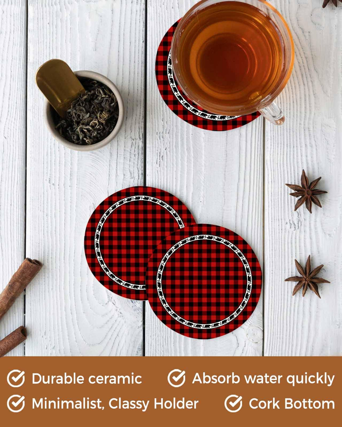 Red Black Buffalo Plaid Set of 6 Absorbent Stone Ceramic Coasters with Holder M8368