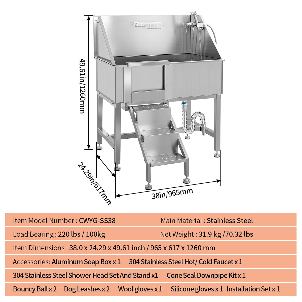 38" Stainless Steel Dog Grooming Tub with Sliding Door R29068
