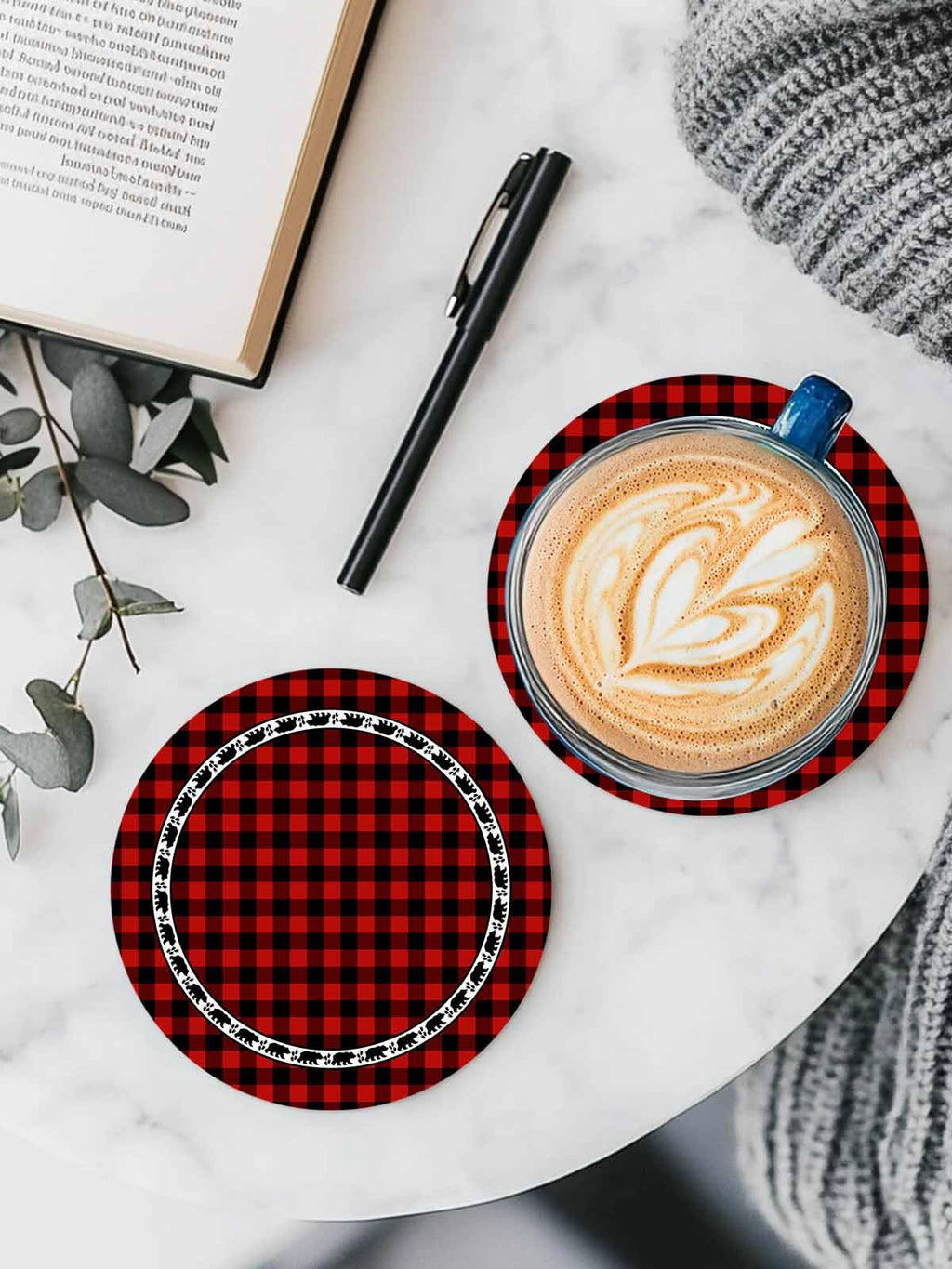 Red Black Buffalo Plaid Set of 6 Absorbent Stone Ceramic Coasters with Holder M8368
