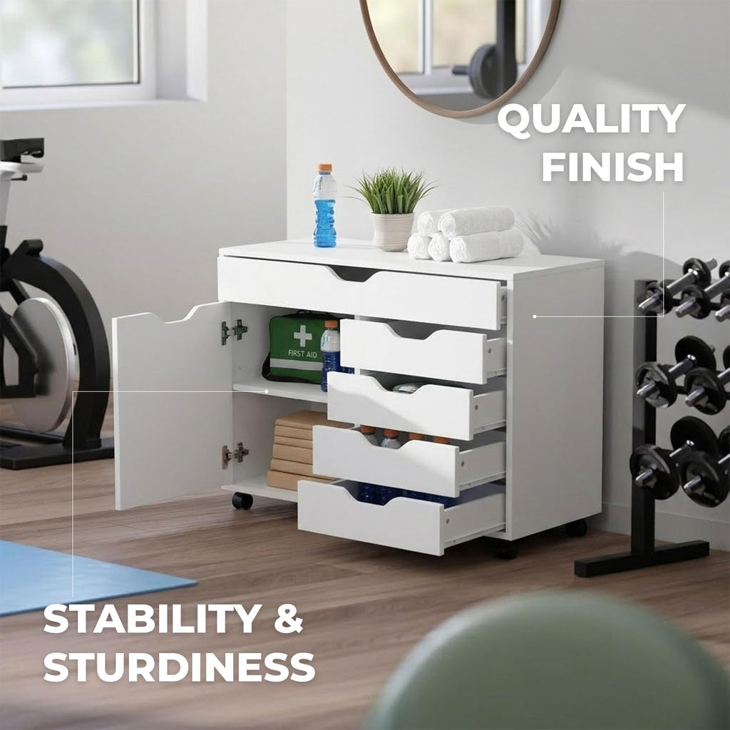 White Mobile Storage Cabinet with 1 Door & 5 Drawers M1600