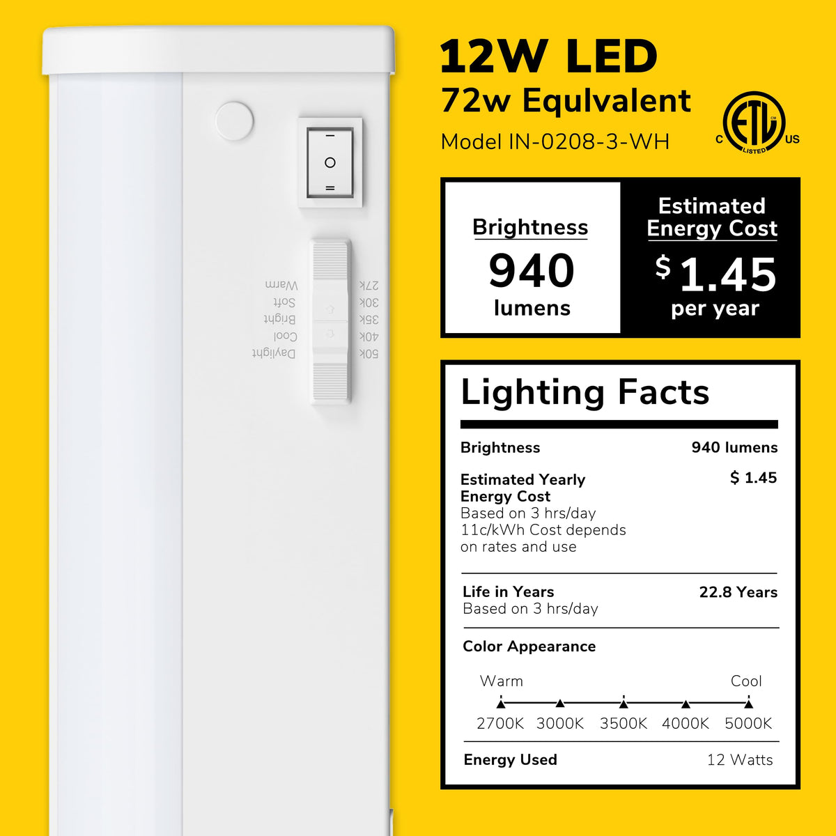 24-Inch LED Under Cabinet Light, 5-CCT Selectable, Dimmable, White O111676