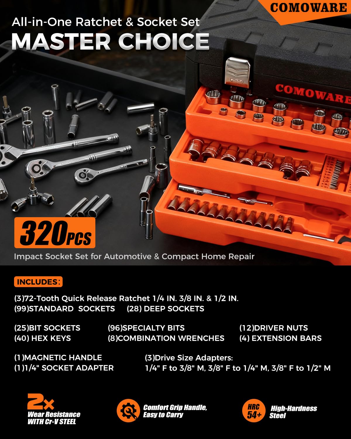 320-Piece Mechanic Tool Set with Case, 1/4" 3/8" 1/2" Drive SAE & Metric Socket Wrench Set, CR-V Steel X99428