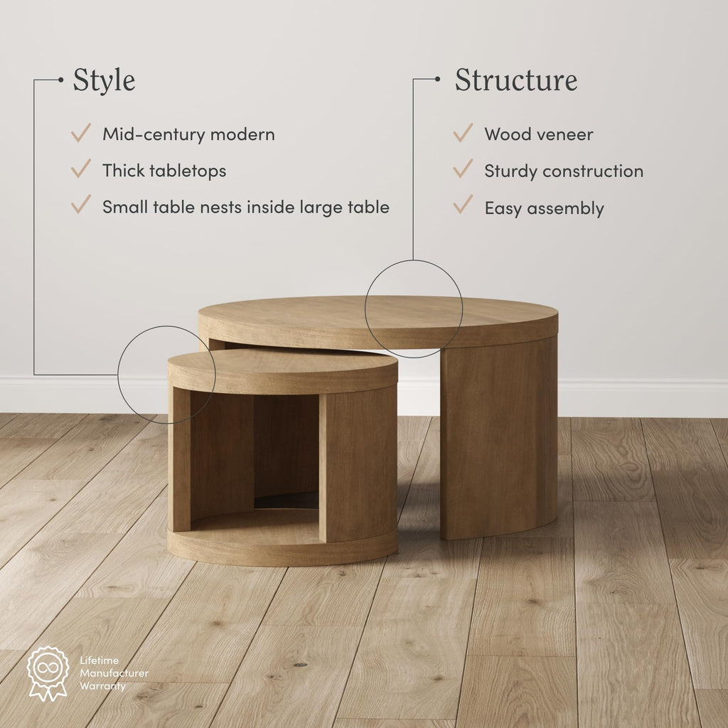 Light Brown 2-Piece Round Wood Nesting Coffee Table with Storage J591332