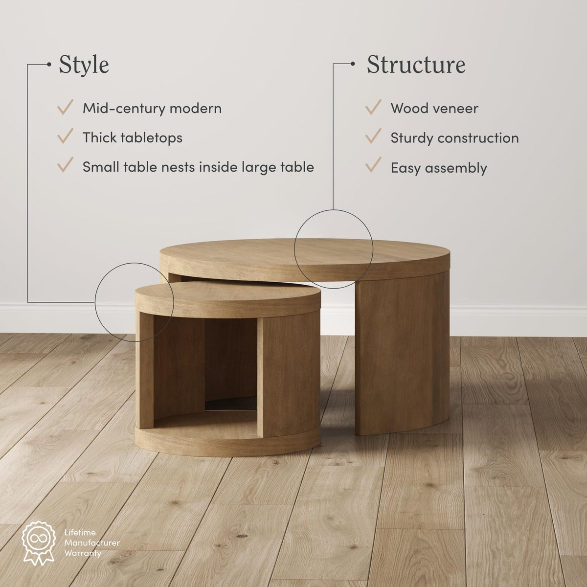 Light Brown 2-Piece Round Wood Nesting Coffee Table with Storage J591332