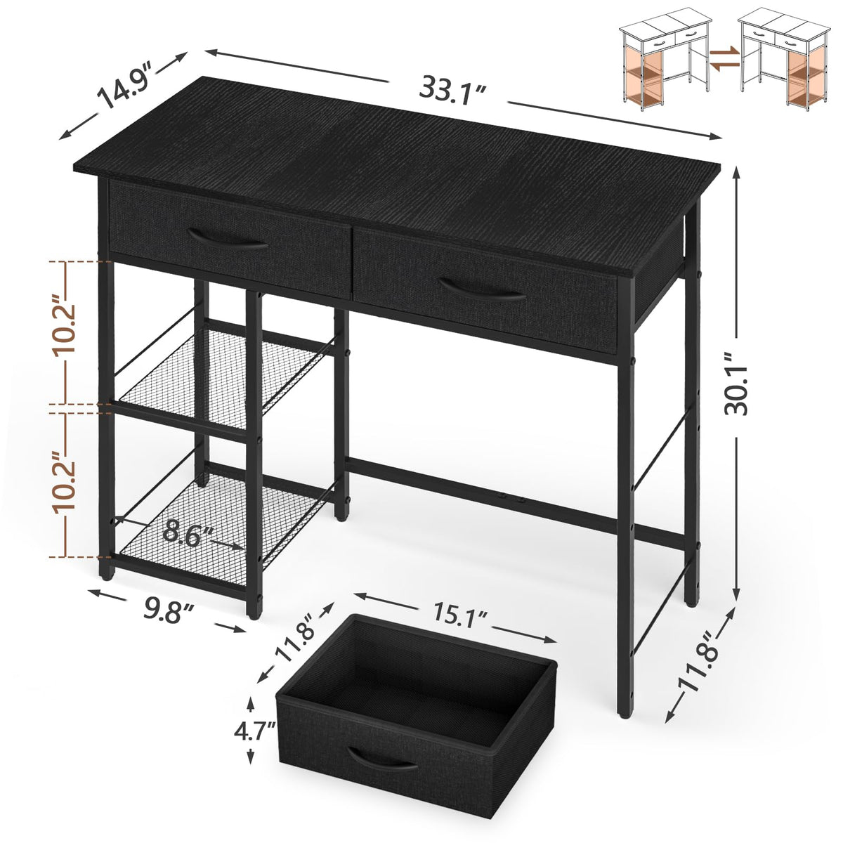 Black Small Writing Desk with 2 Drawers and Storage Shelf G5758