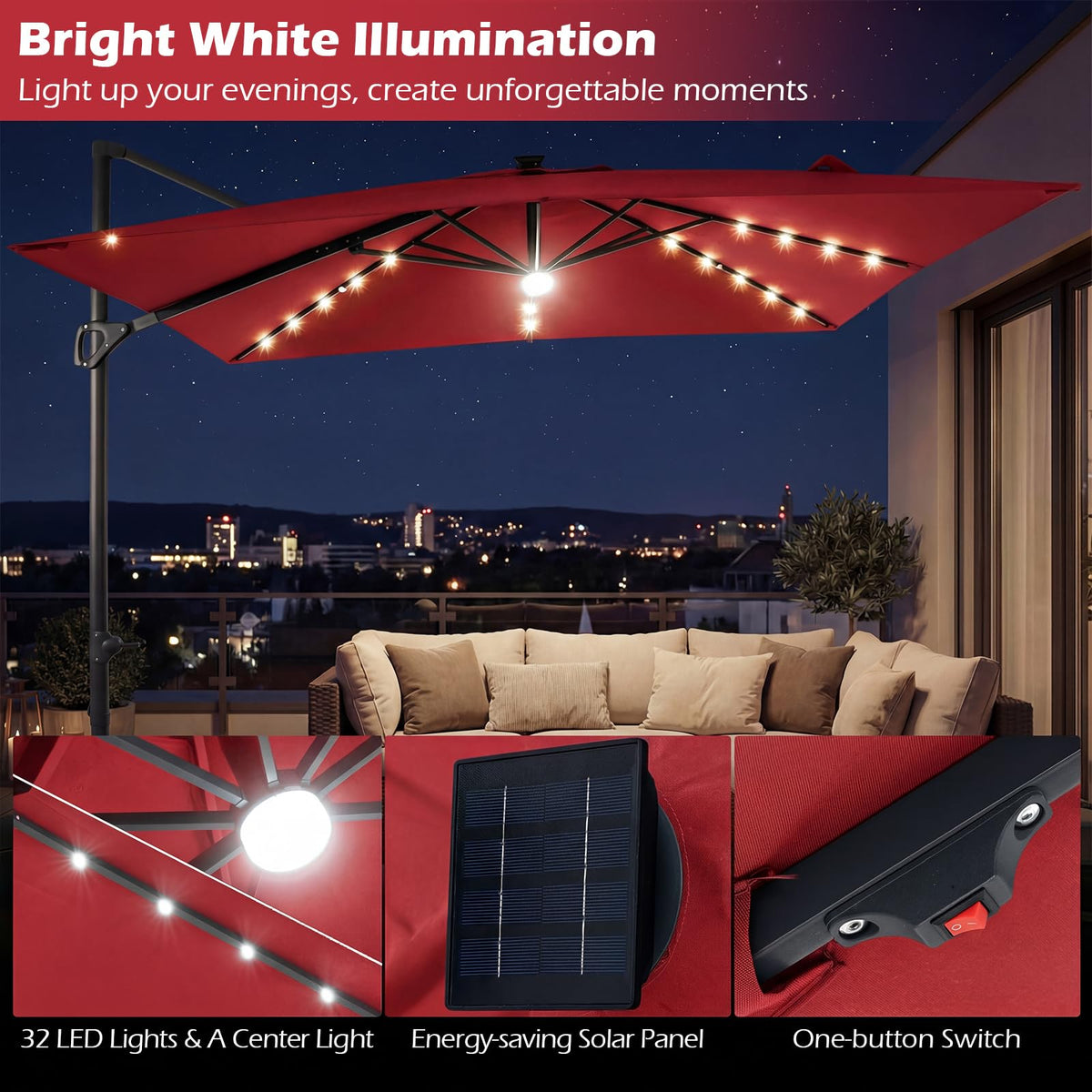 10ft Solar LED Patio Umbrella with Aluminum Pole E735
