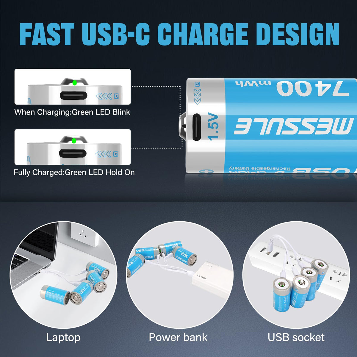 4 Pack 1.5V Rechargeable Lithium D Cell Batteries with USB-C Charge Cable H8370