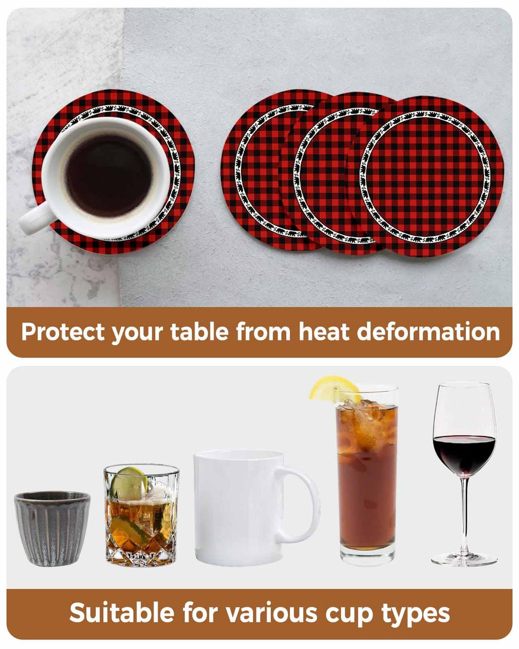 Red Black Buffalo Plaid Set of 6 Absorbent Stone Ceramic Coasters with Holder M8368