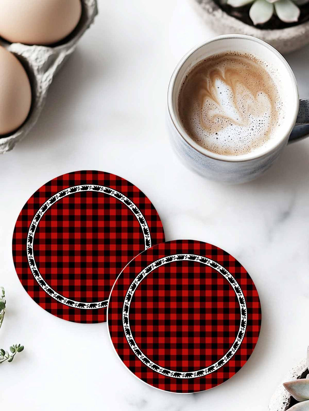 Red Black Buffalo Plaid Set of 6 Absorbent Stone Ceramic Coasters with Holder M8368
