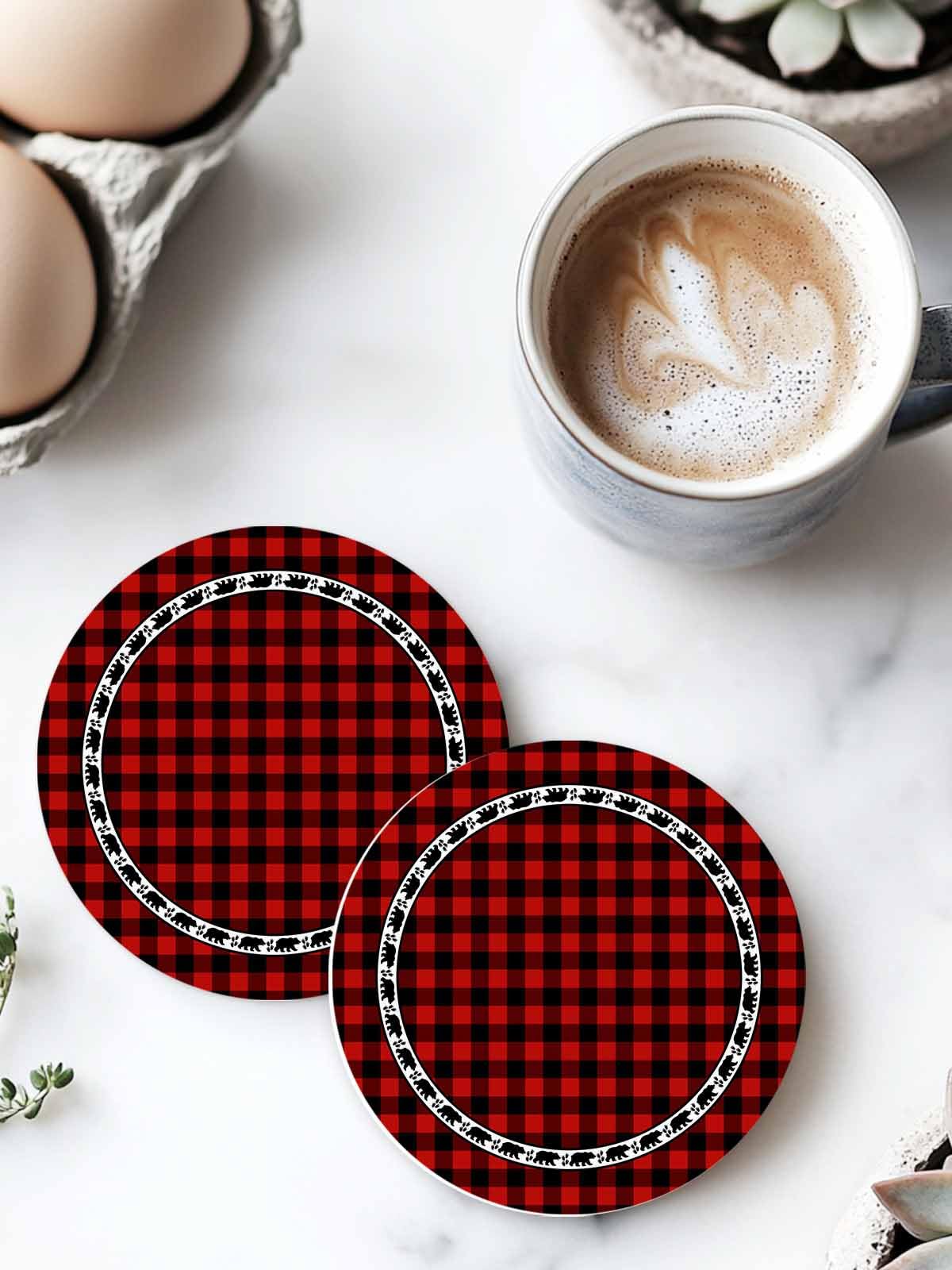 Red Black Buffalo Plaid Set of 6 Absorbent Stone Ceramic Coasters with Holder M8368