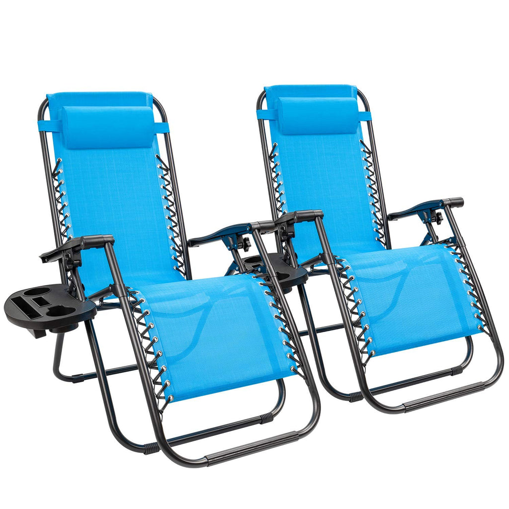Blue Set of 2 Adjustable Folding Lounge Chair with Pillows and Cup Holders M279