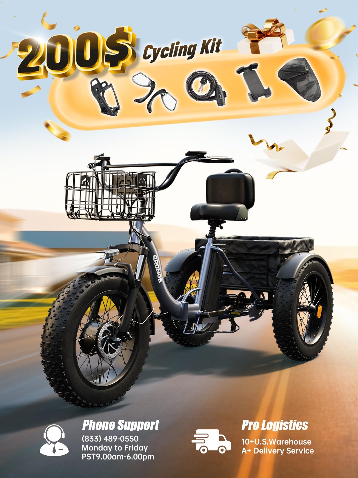Electric Tricycle for Adults 1200W 36V 20AH Fat Tire Folding J859462