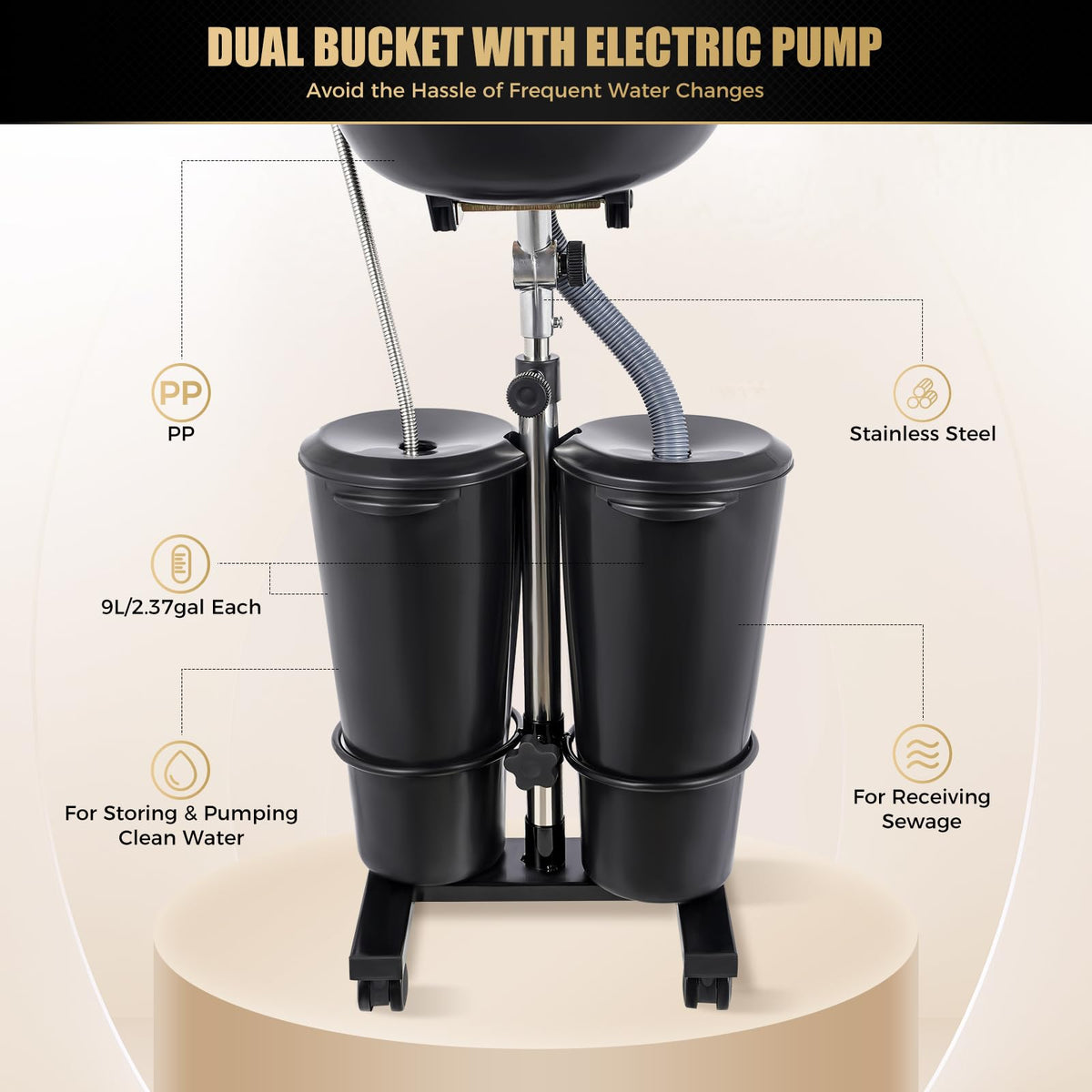 Portable Height-Adjustable Shampoo Basin with Electric Pump and 2 Water Buckets L96423