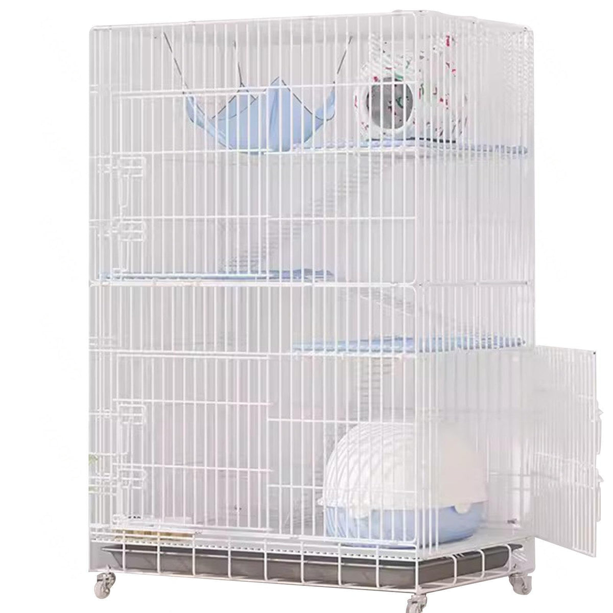 White 4-Tier Collapsible Lockable Wire Cat Ferret Habitat Crate with Casters F41074