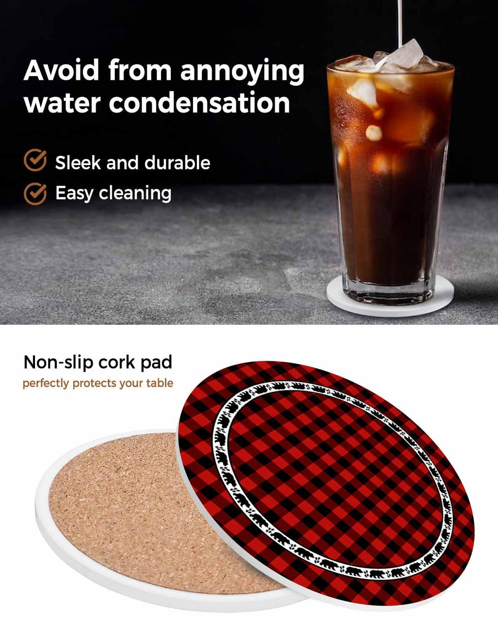 Red Black Buffalo Plaid Set of 6 Absorbent Stone Ceramic Coasters with Holder M8368