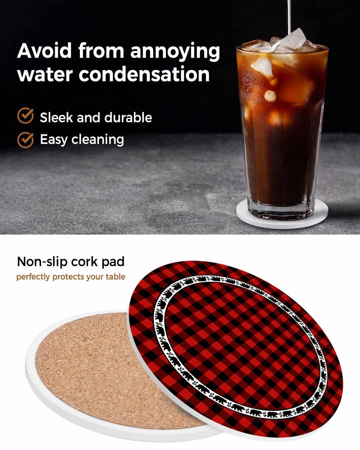Red Black Buffalo Plaid Set of 6 Absorbent Stone Ceramic Coasters with Holder M8368