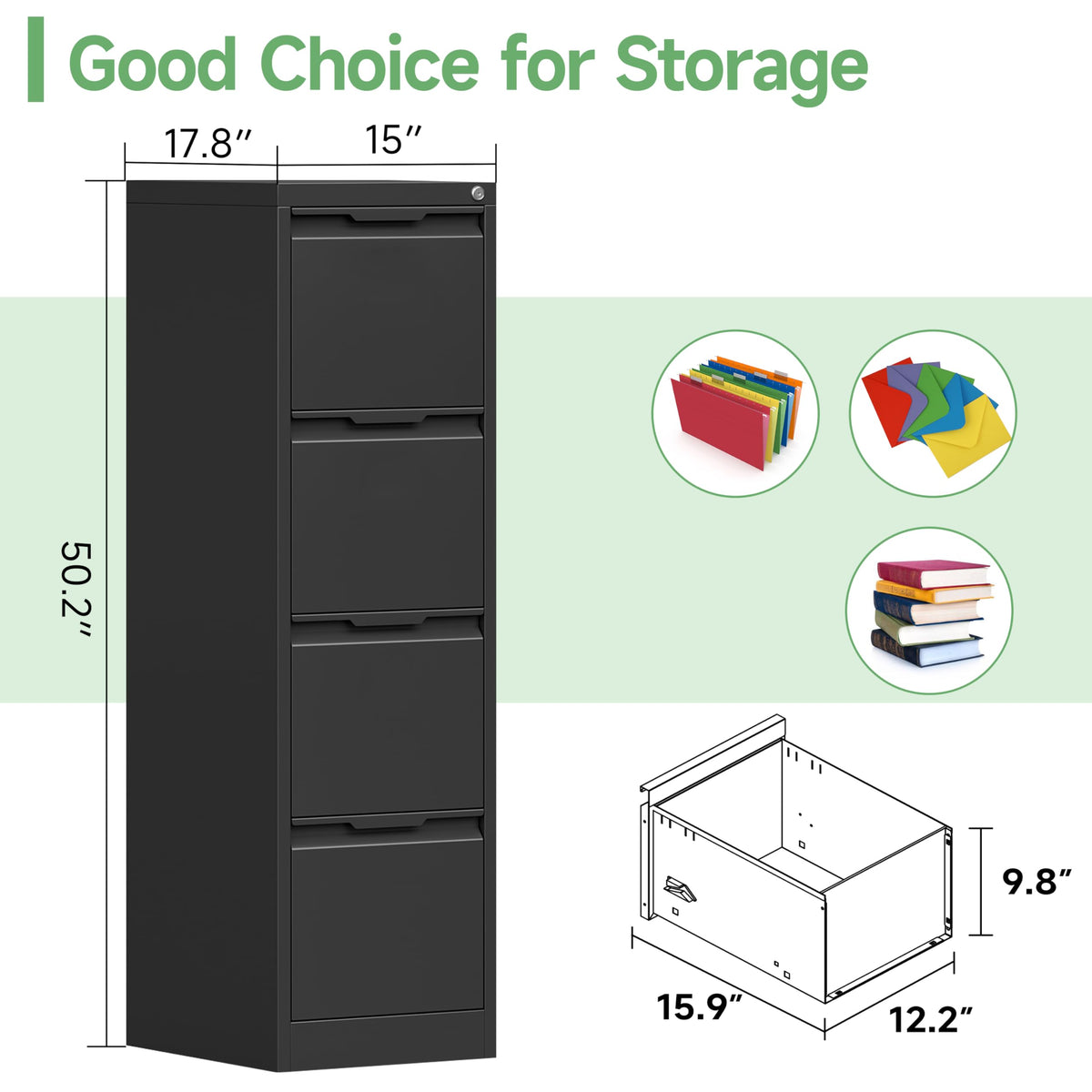 Black 4 Drawer Metal File Cabinet with Lock F5985
