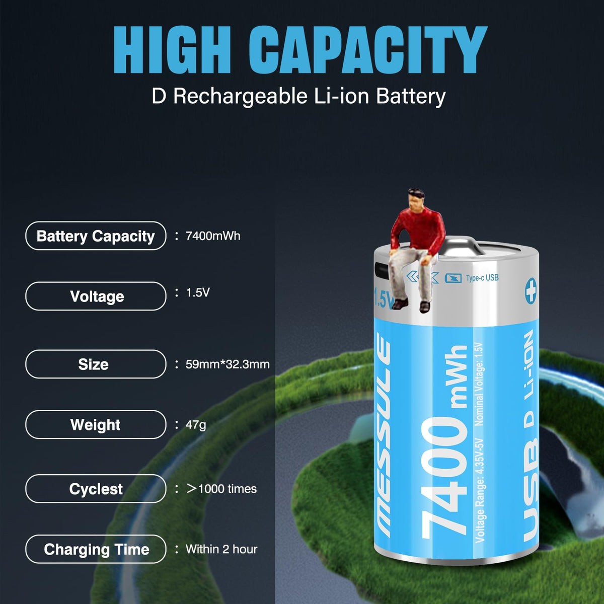 4 Pack 1.5V Rechargeable Lithium D Cell Batteries with USB-C Charge Cable H8370