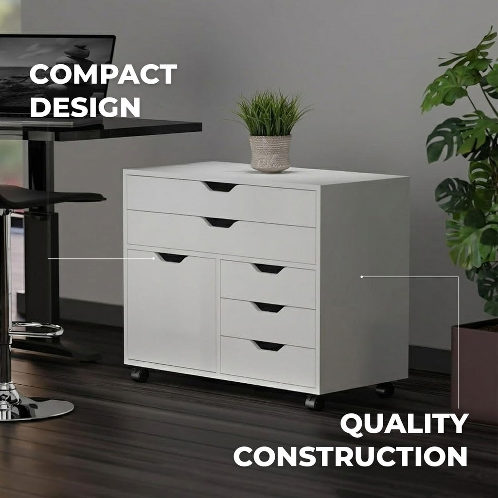 White Mobile Storage Cabinet with 1 Door & 5 Drawers M1600