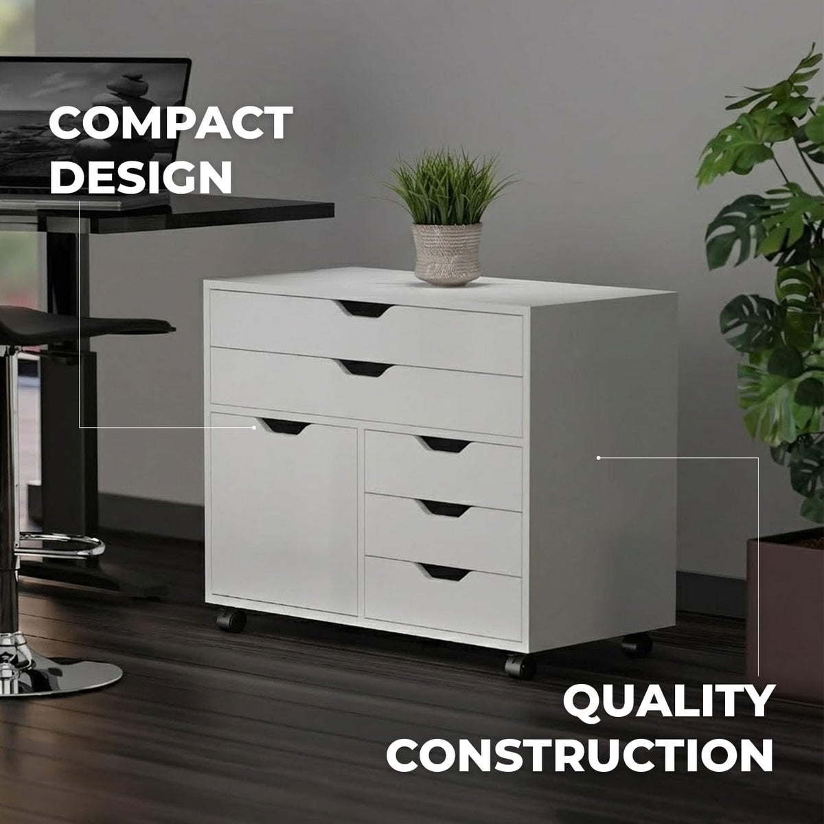 White Mobile Storage Cabinet with 1 Door & 5 Drawers M1600