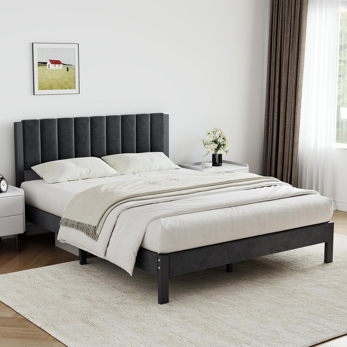 Twin Size Metal Platform Bed Frame with Velvet Headboard and Footboard I3188